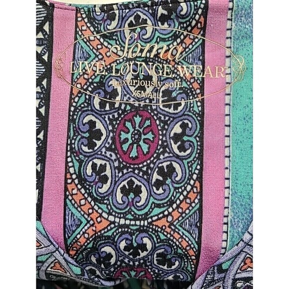 Soma Live Lounge Wear Tunic XS Top Teal Pink Medallion V Neck Sleeveless Smocked - Picture 8 of 12